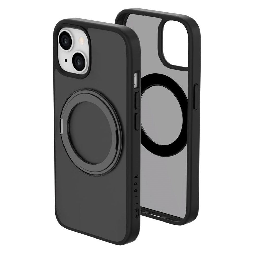 iPhone 15 Lippa Hybrid Plastik Cover m. 360 Roterende Kickstand - MagSafe Kompatibel - Mat / Sort