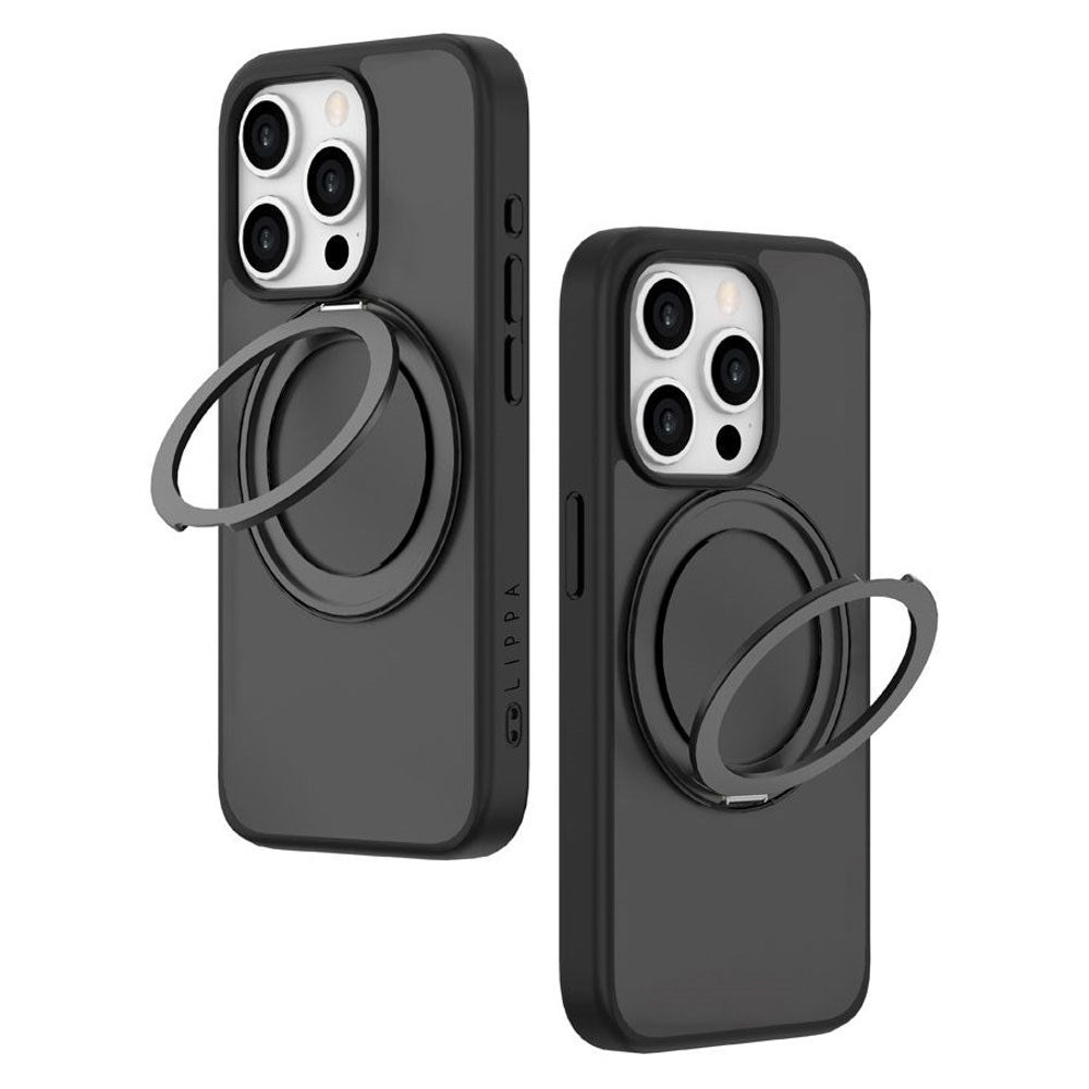 iPhone 15 Pro Lippa Hybrid Plastik Cover m. 360 Roterende Kickstand - MagSafe Kompatibel - Mat / Sort