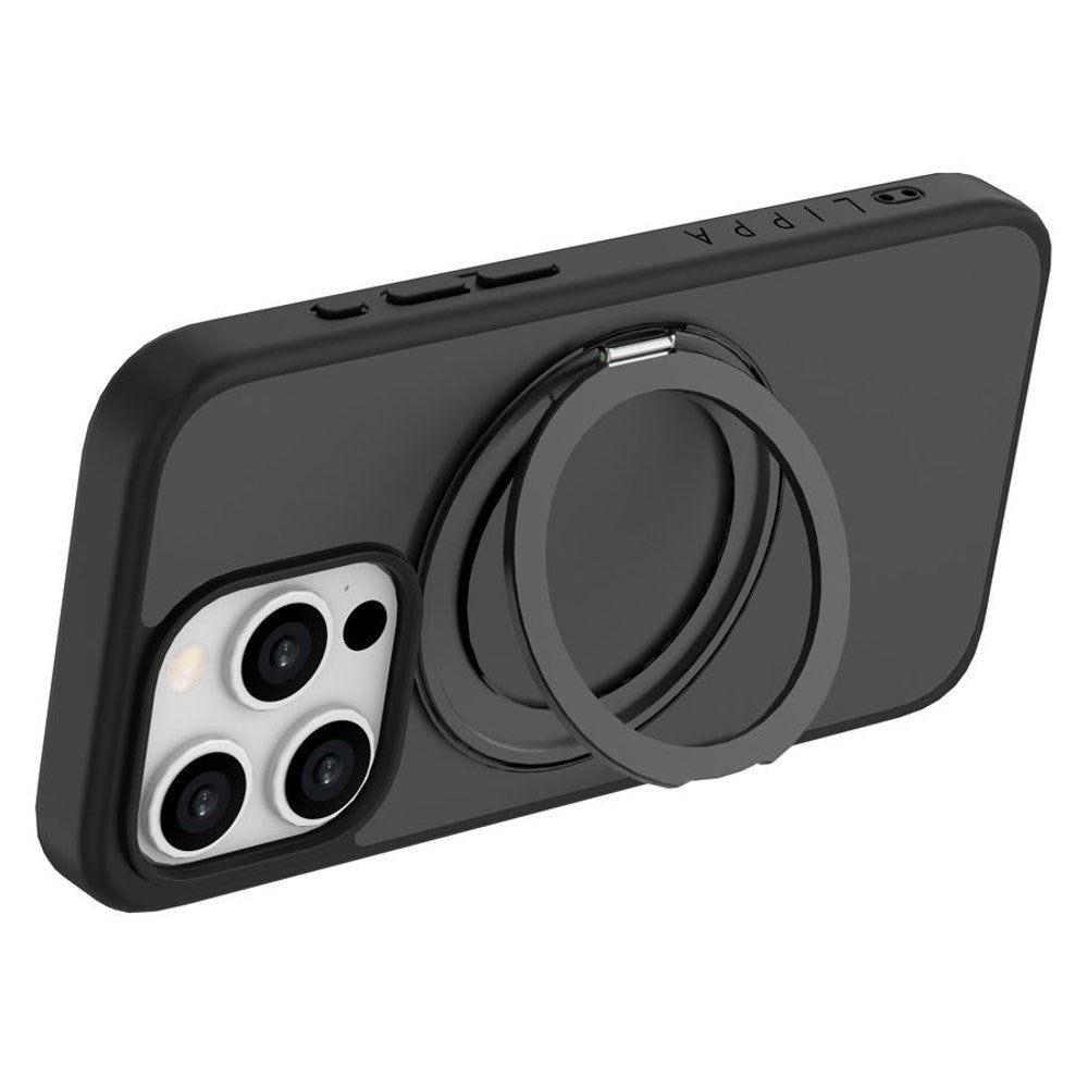 iPhone 15 Pro Lippa Hybrid Plastik Cover m. 360 Roterende Kickstand - MagSafe Kompatibel - Mat / Sort