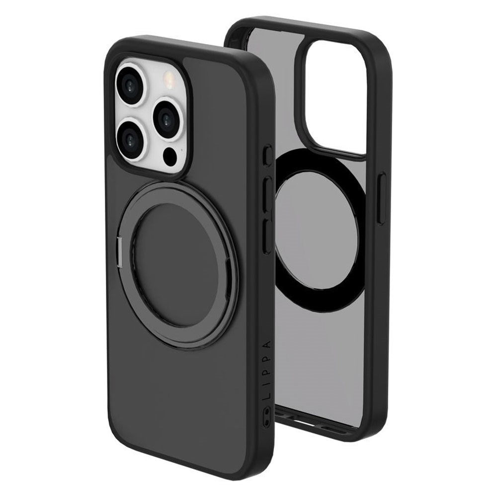 iPhone 15 Pro Lippa Hybrid Plastik Cover m. 360 Roterende Kickstand - MagSafe Kompatibel - Mat / Sort