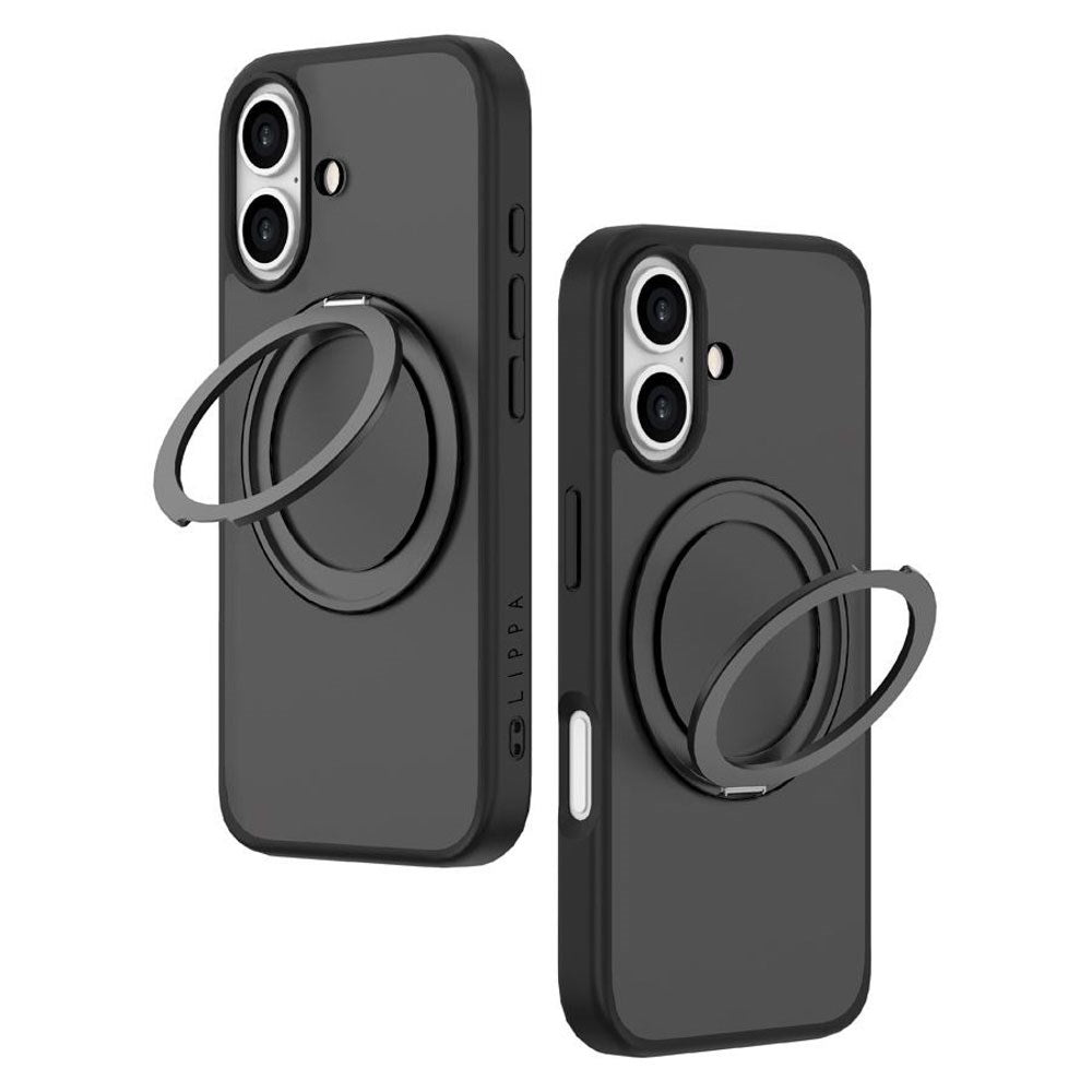 iPhone 16 Lippa Hybrid Plastik Cover m. 360 Roterende Kickstand - MagSafe Kompatibel - Mat / Sort