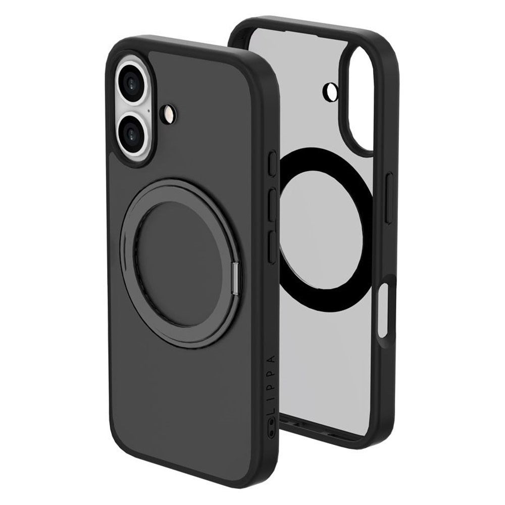 iPhone 16 Lippa Hybrid Plastik Cover m. 360 Roterende Kickstand - MagSafe Kompatibel - Mat / Sort