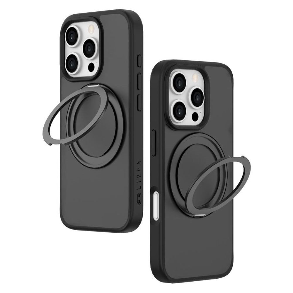 iPhone 16 Pro Lippa Hybrid Plastik Cover m. 360 Roterende Kickstand - MagSafe Kompatibel - Mat / Sort