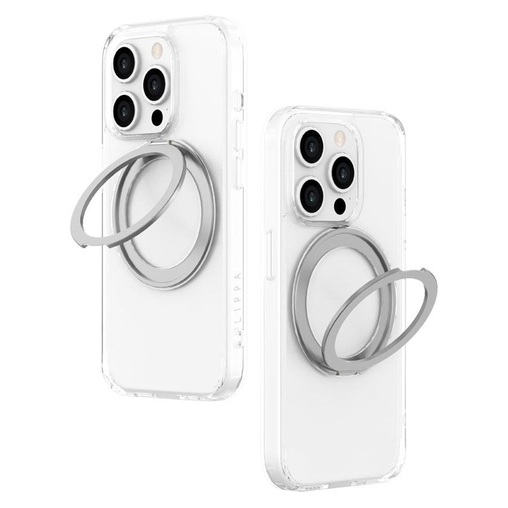 iPhone 15 Pro Lippa Hybrid Plastik Cover m. 360 Roterende Kickstand - MagSafe Kompatibel - Gennemsigtig / Sølv