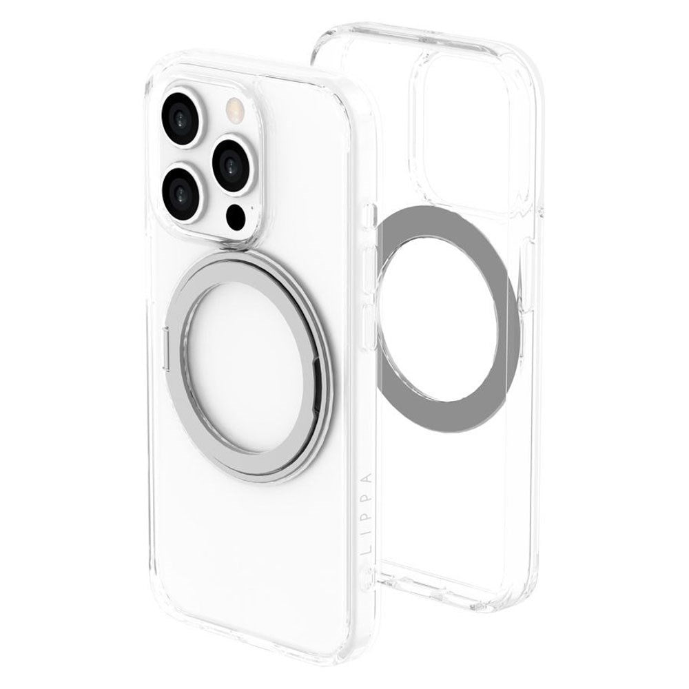 iPhone 15 Pro Lippa Hybrid Plastik Cover m. 360 Roterende Kickstand - MagSafe Kompatibel - Gennemsigtig / Sølv