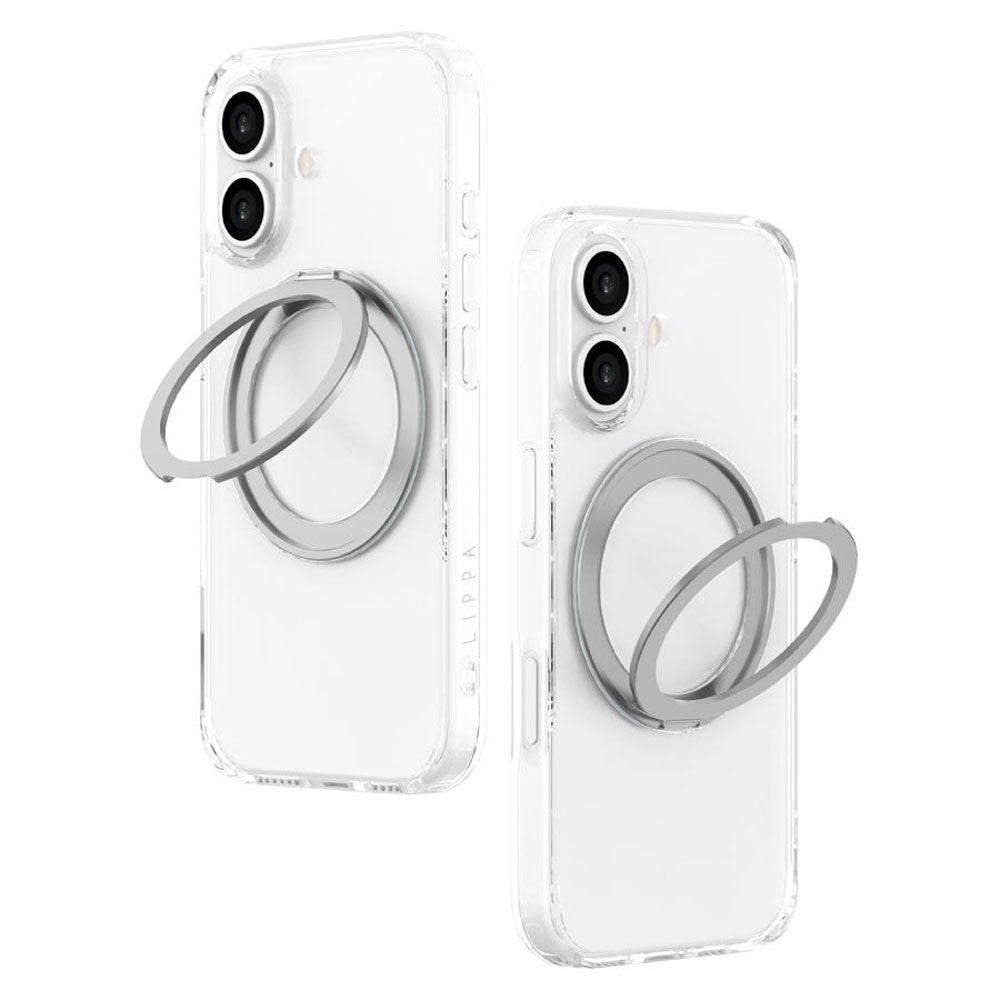 iPhone 16 Lippa Hybrid Plastik Cover m. 360 Roterende Kickstand - MagSafe Kompatibel - Gennemsigtig / Sølv