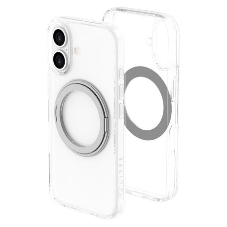 iPhone 16 Lippa Hybrid Plastik Cover m. 360 Roterende Kickstand - MagSafe Kompatibel - Gennemsigtig / Sølv