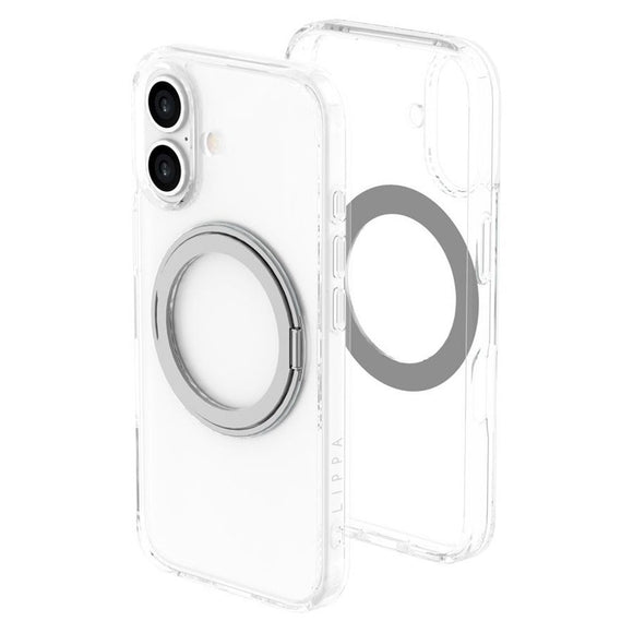iPhone 16 Lippa Hybrid Plastik Cover m. 360 Roterende Kickstand - MagSafe Kompatibel - Gennemsigtig / Sølv