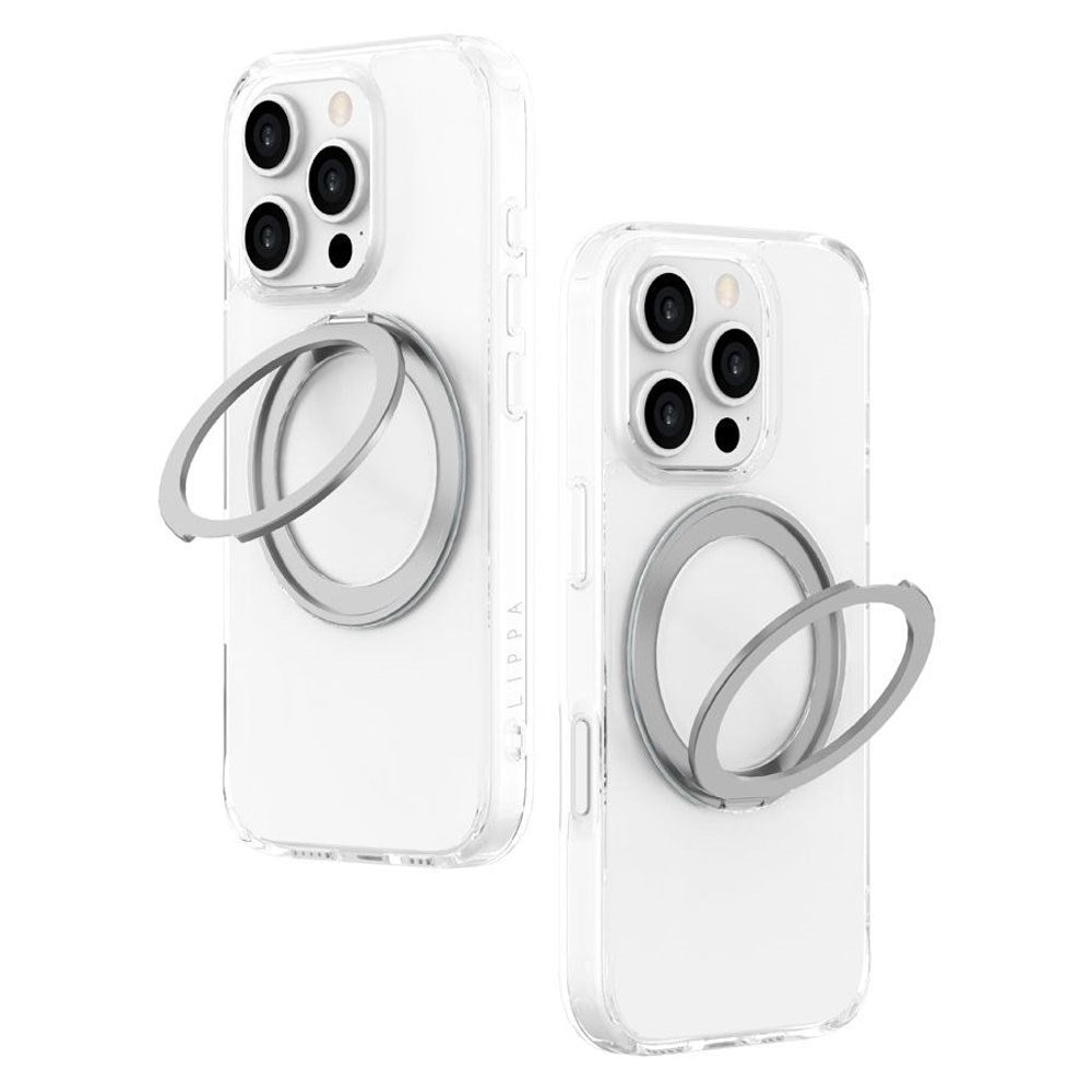 iPhone 16 Pro Lippa Hybrid Plastik Cover m. 360 Roterende Kickstand - MagSafe Kompatibel - Gennemsigtig / Sølv