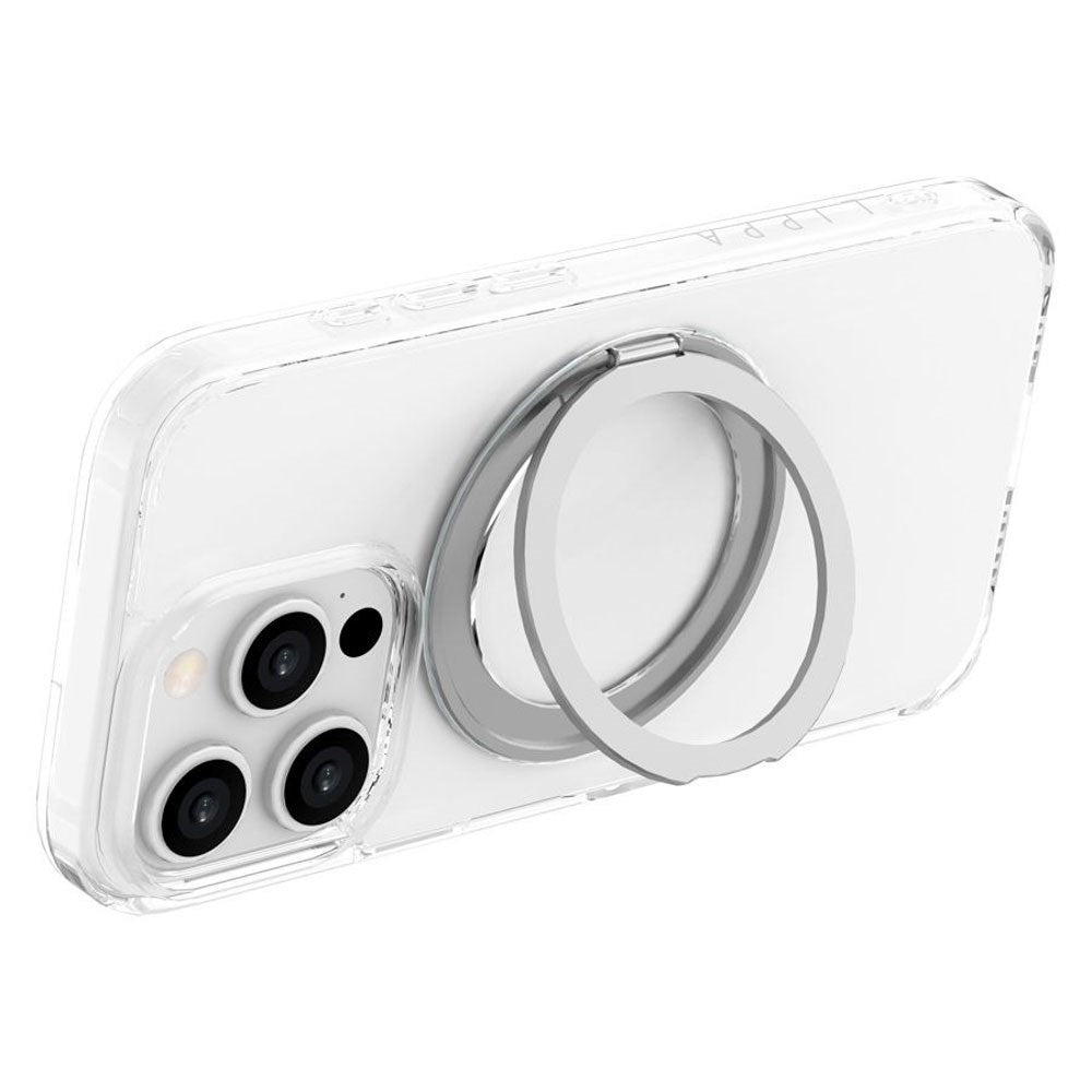 iPhone 16 Pro Lippa Hybrid Plastik Cover m. 360 Roterende Kickstand - MagSafe Kompatibel - Gennemsigtig / Sølv