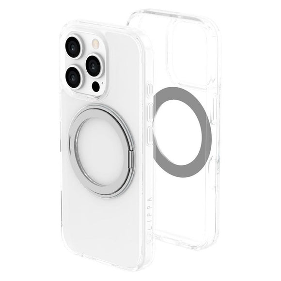 iPhone 16 Pro Lippa Hybrid Plastik Cover m. 360 Roterende Kickstand - MagSafe Kompatibel - Gennemsigtig / Sølv
