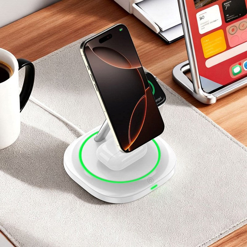 Lippa 3-i-1 Trådløs Oplader m. 15W & USB-C - MagSafe / Qi Kompatible - Hvid