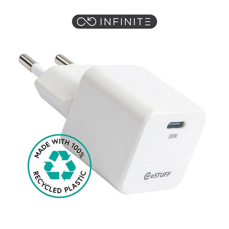 eSTUFF INFINITE GaN 30W Vægoplader m. PD USB-C - 100% Genbrugsplastik - Hvid