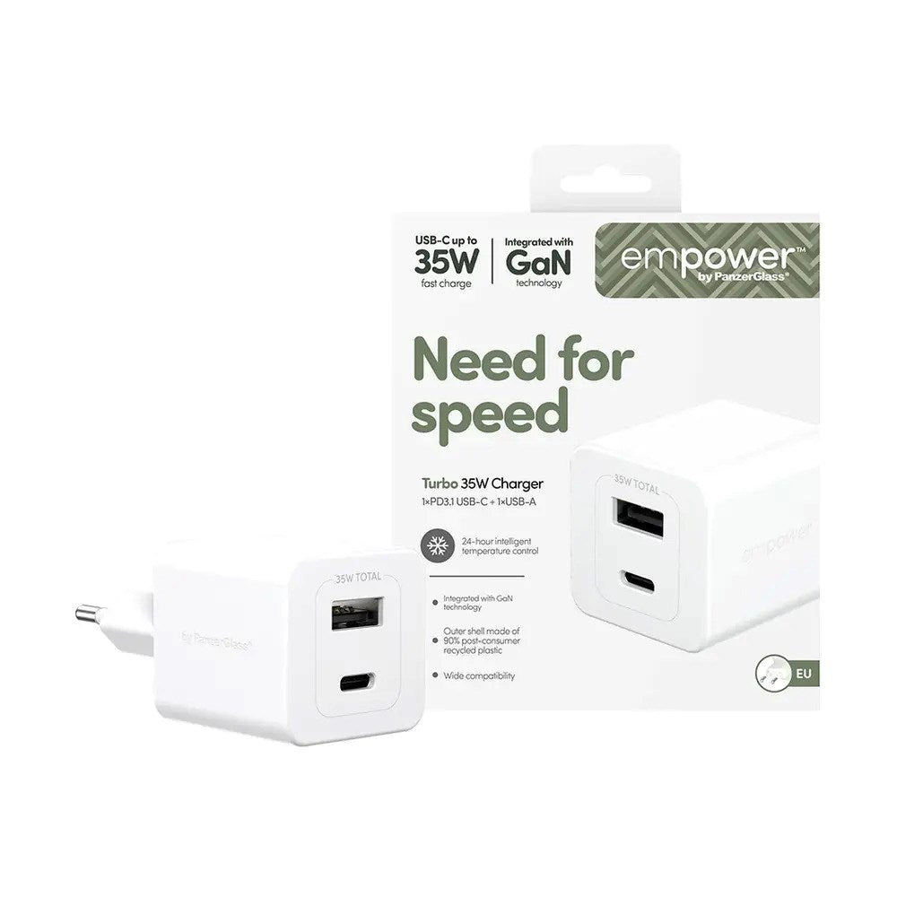 empower by PanzerGlass Turbo 35W Vægoplader m. 1x USB-A & 1x USB-C - Silver White