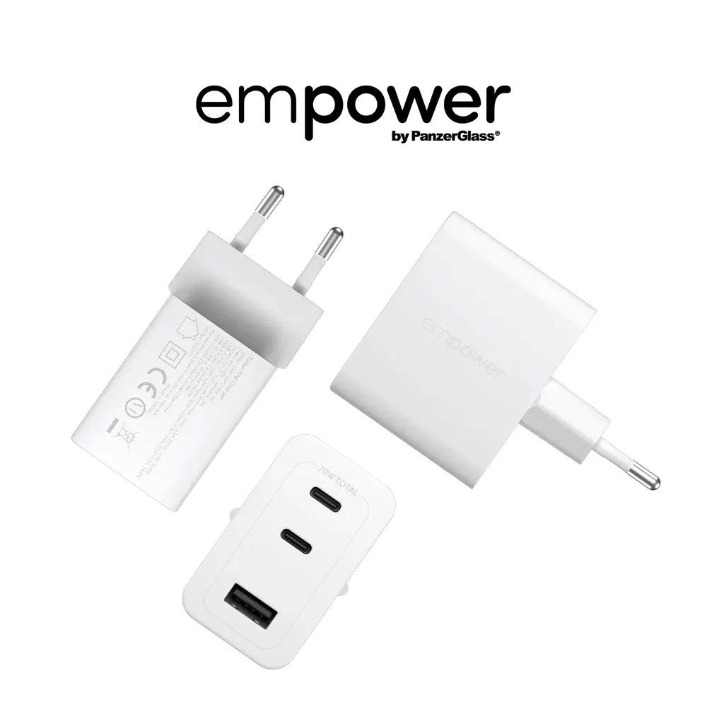 empower by PanzerGlass Turbo 70W Vægoplader m. 1x USB-A & 2x USB-C - Silver White