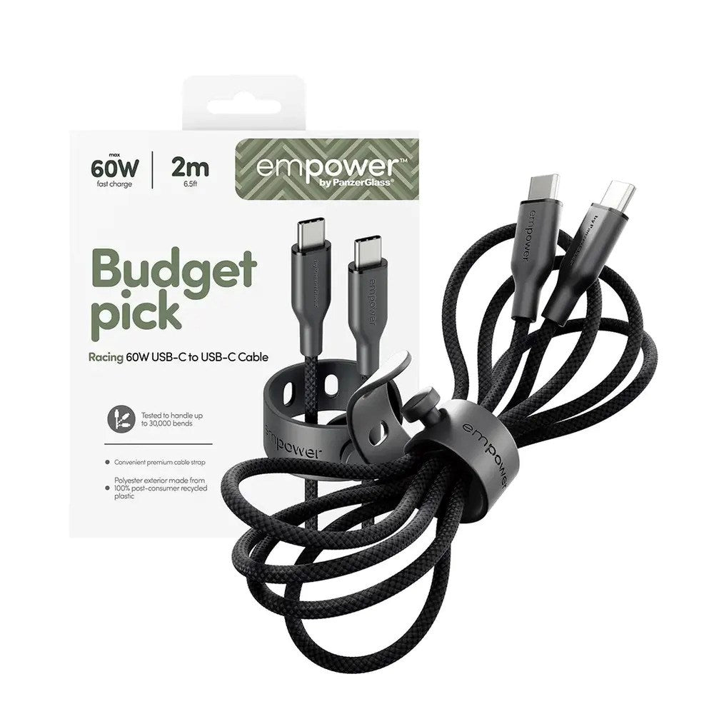 empower by PanzerGlass Racing 60W USB-C til USB-C Kabel - 2m - Space Black