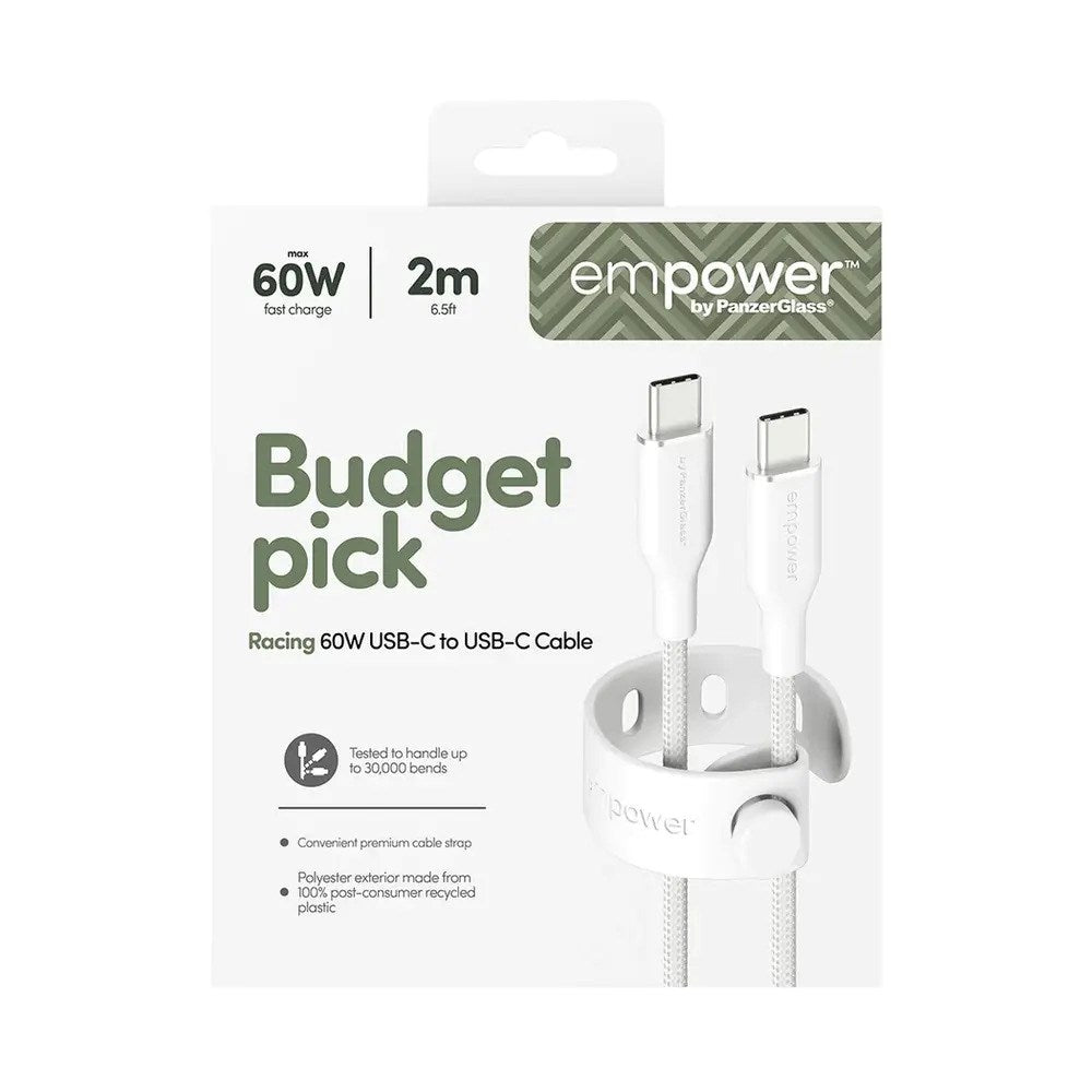 empower by PanzerGlass Racing 60W USB-C til USB-C Kabel - 2m - Silver White