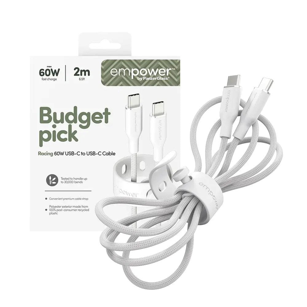 empower by PanzerGlass Racing 60W USB-C til USB-C Kabel - 2m - Silver White
