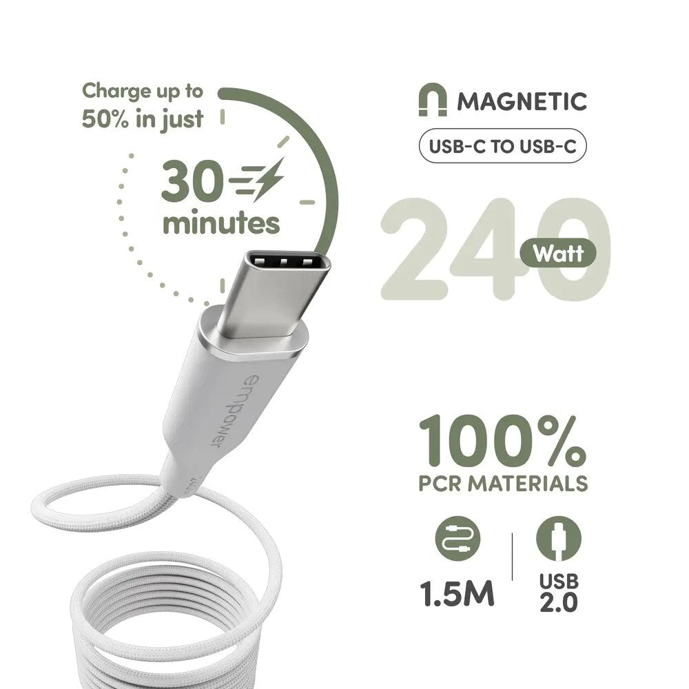 empower by PanzerGlass Magnetic 240W USB-C til USB-C Kabel - 1.5m - Silver White