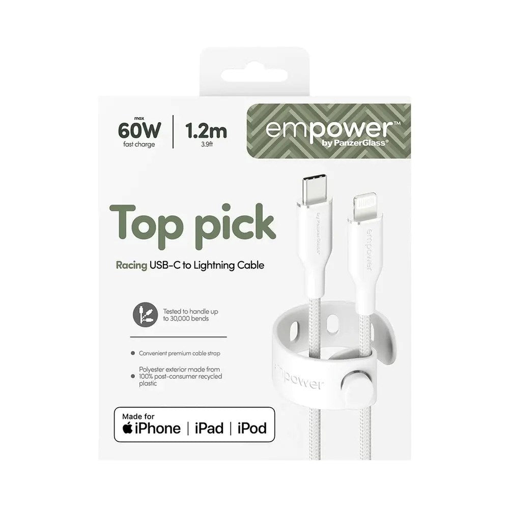 empower by PanzerGlass Racing 60W USB-C til Lightning Kabel - 1.2m - Silver White