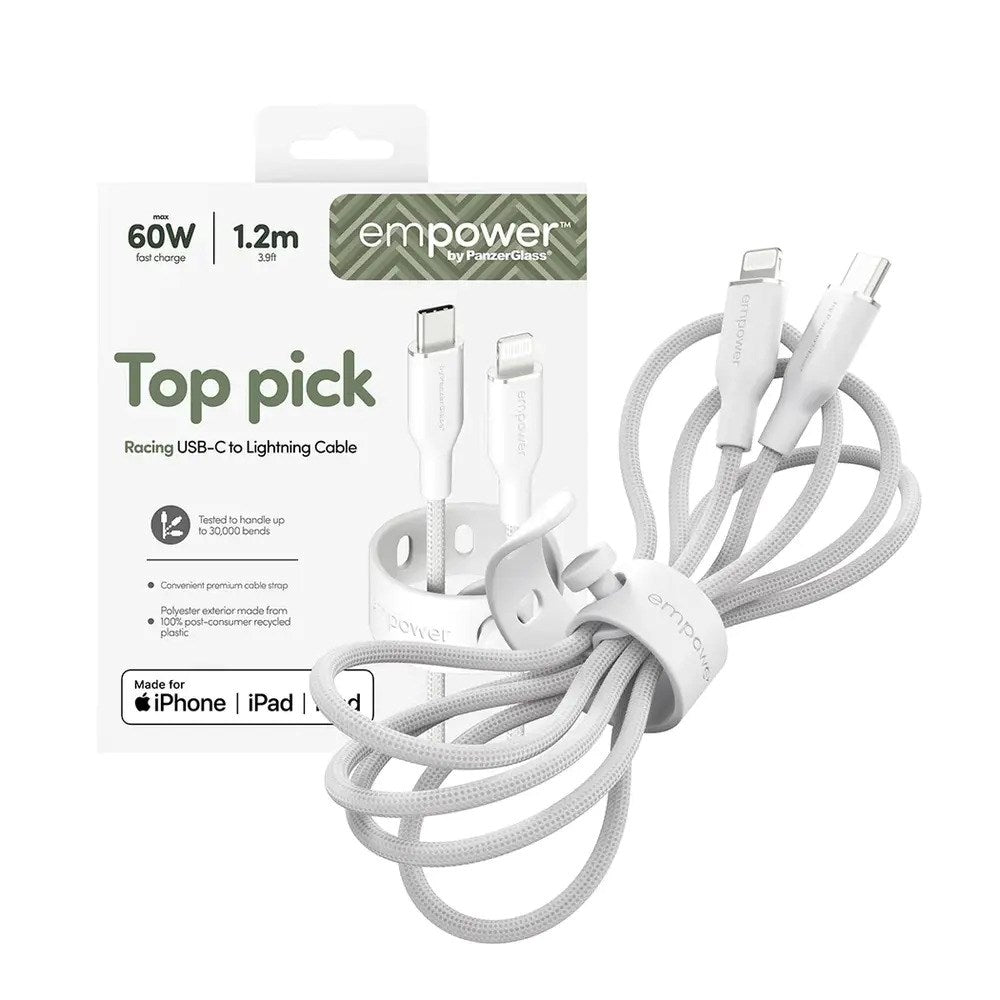 empower by PanzerGlass Racing 60W USB-C til Lightning Kabel - 1.2m - Silver White