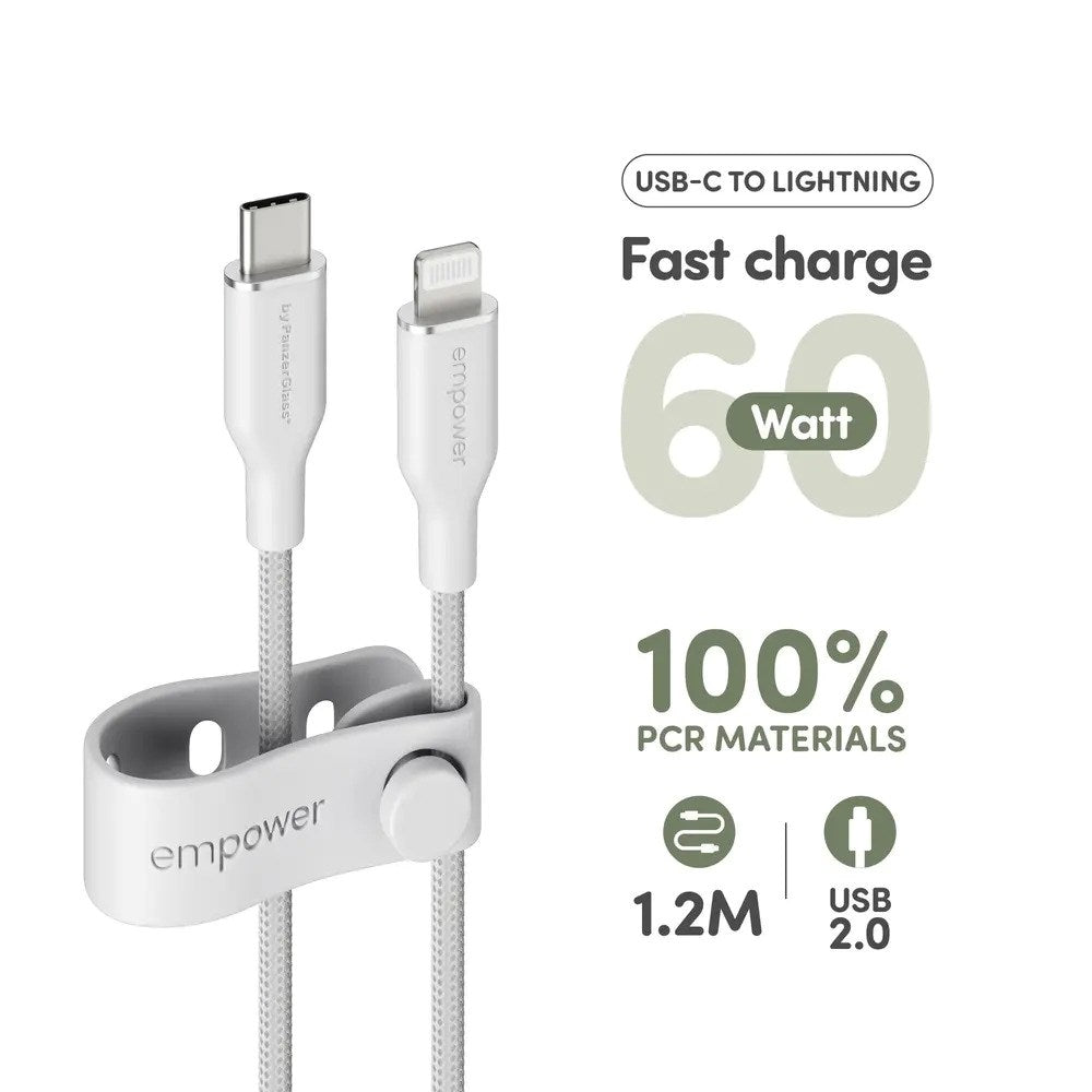 empower by PanzerGlass Racing 60W USB-C til Lightning Kabel - 1.2m - Silver White