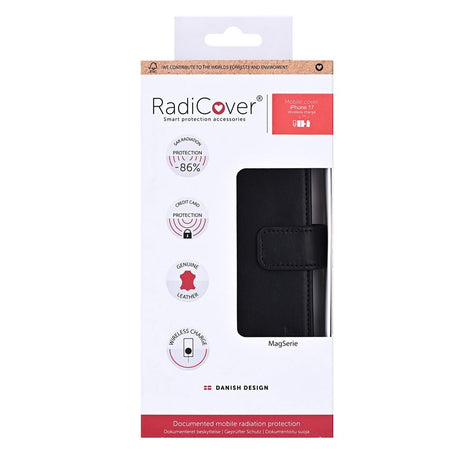 RadiCover Exclusive iPhone 17 2-in-1 Anti Stråling Læder Flip Cover m. Pung - MagSafe Kompatibel - Sort