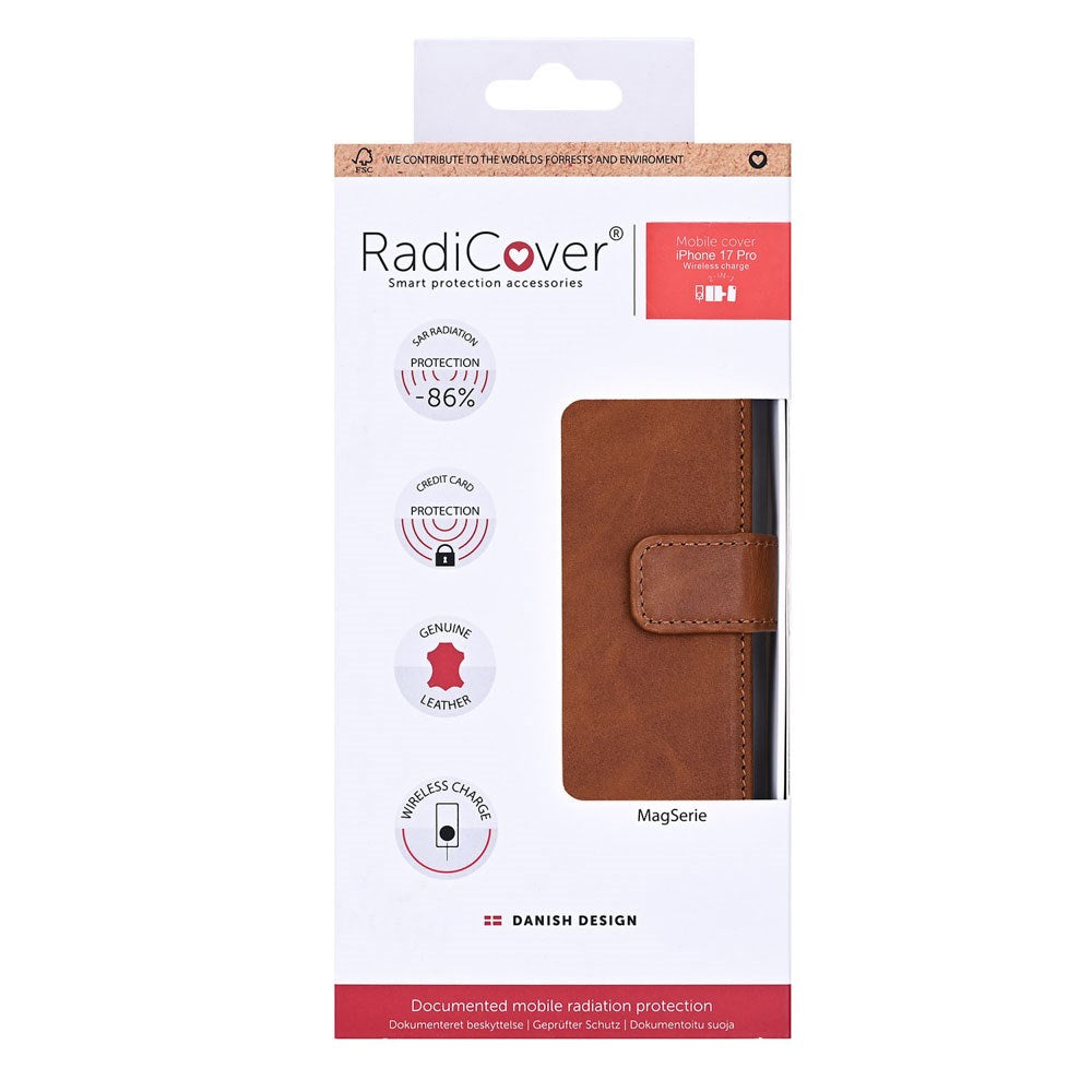 RadiCover Exclusive iPhone 17 Pro 2-in-1 Anti Stråling Læder Flip Cover m. Pung - MagSafe Kompatibel - Brun