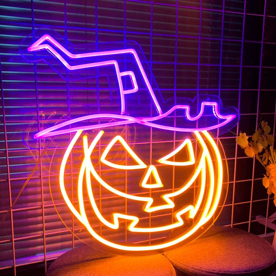 Neolia Halloween LED Neon Skilt - Orange og Lilla Lys m. Græskar