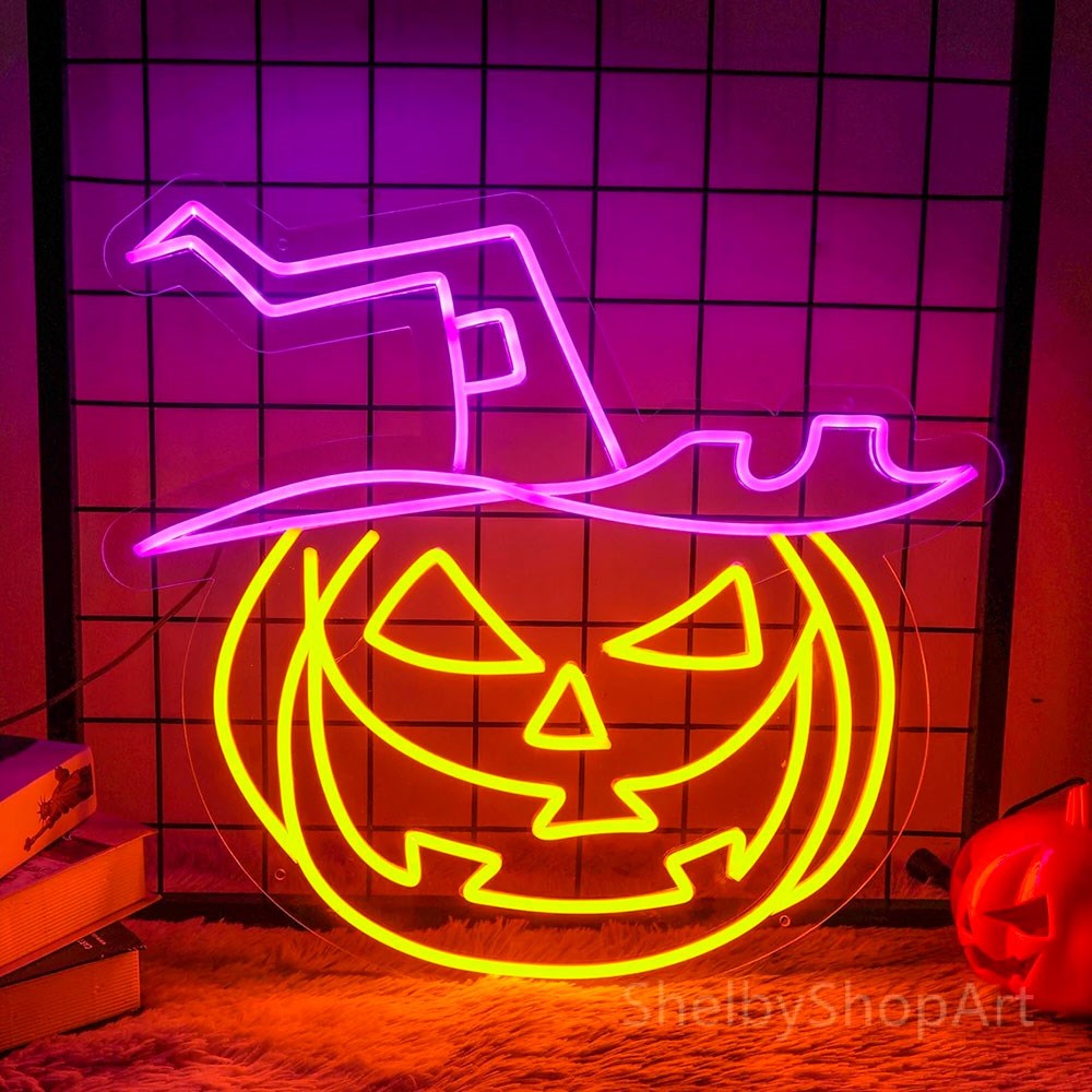 Neolia Halloween LED Neon Skilt - Orange og Lilla Lys m. Græskar