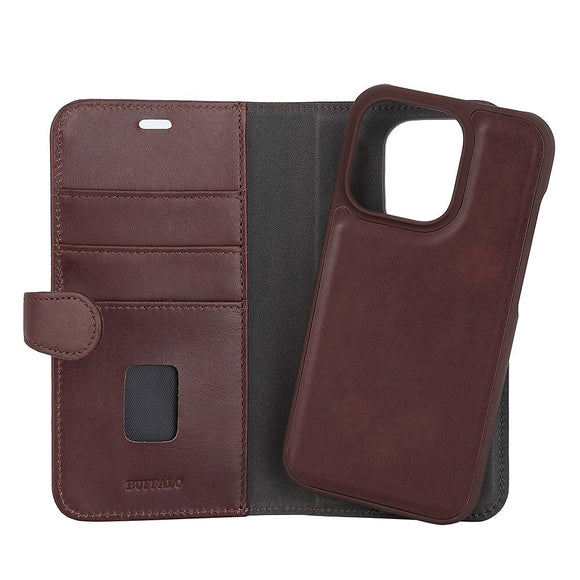 iPhone 14 Pro Buffalo Wallet Ægte Læder Magnet Cover m. Pung - Brun