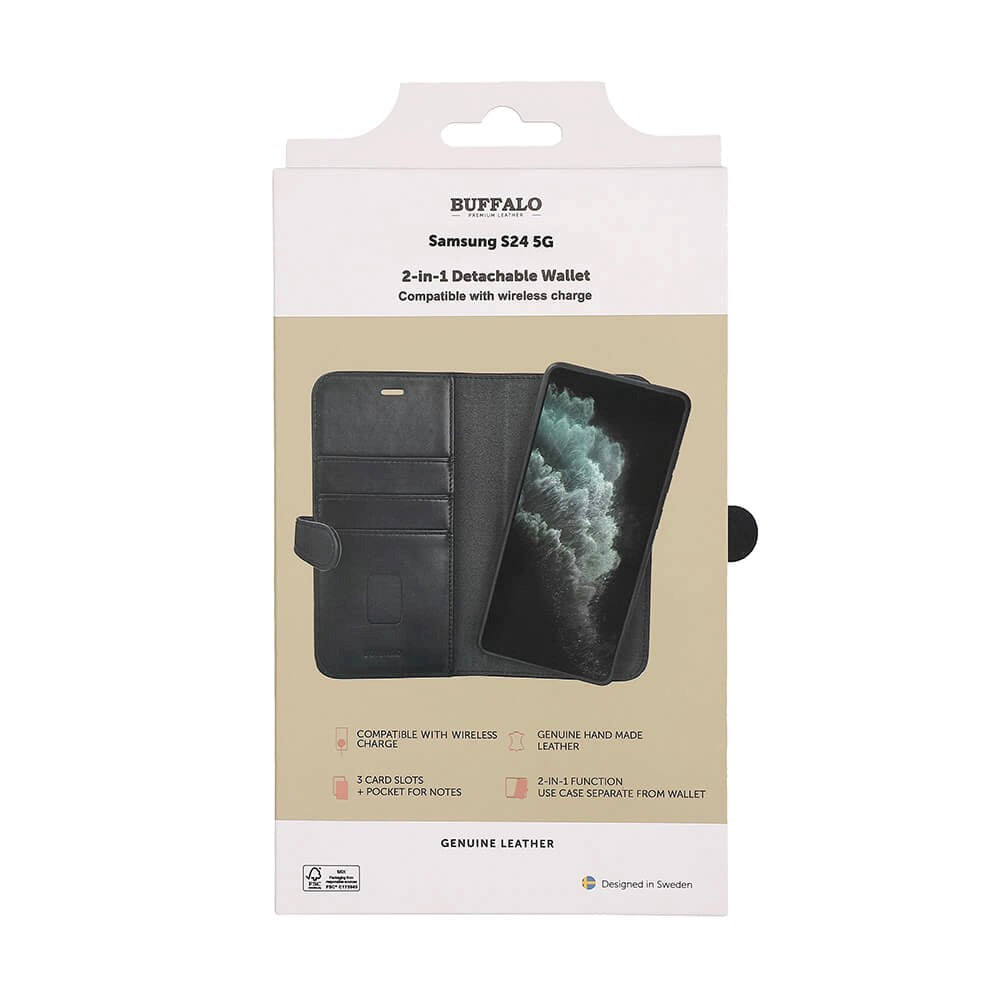 Samsung Galaxy S24 Buffalo 2-in-1 Wallet Ægte Læder Magnet Cover m. Pung - Sort