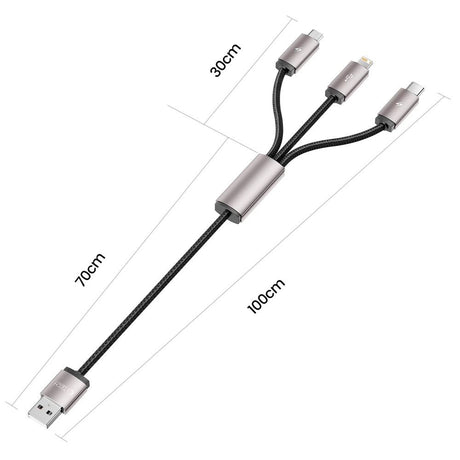 Tech-Protect Ultraboost 3-i-1 3.5A Kabel m. Lightning / USB-C / Micro-USB - 1 m. - Grå