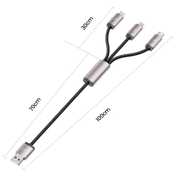 Tech-Protect Ultraboost 3-i-1 3.5A Kabel m. Lightning / USB-C / Micro-USB - 1 m. - Grå