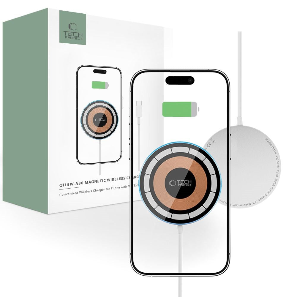 Tech-Protect QI-A30 Trådløs Oplader 15W - MagSafe Kompatibel - Hvid