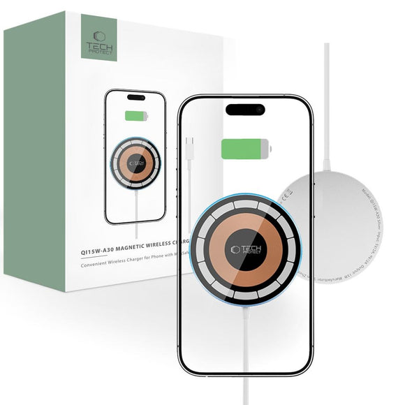Tech-Protect QI-A30 Trådløs Oplader 15W - MagSafe Kompatibel - Hvid