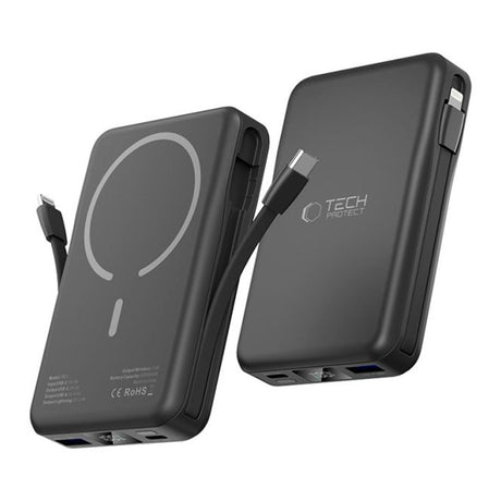 Tech-Protect LifeMag PowerBank 10.000mAh m. Integreret USB-C- og Lightning Kabel & USB-A- og USB-C Stik - MagSafe Kompatibel - Sort