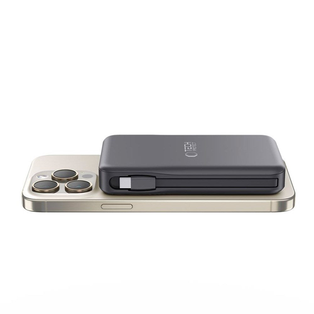Tech-Protect LifeMag PowerBank 10.000mAh m. Integreret USB-C- og Lightning Kabel & USB-A- og USB-C Stik - MagSafe Kompatibel - Sort