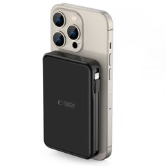 Tech-Protect LifeMag PowerBank 10.000mAh m. Integreret USB-C- og Lightning Kabel & USB-A- og USB-C Stik - MagSafe Kompatibel - Sort
