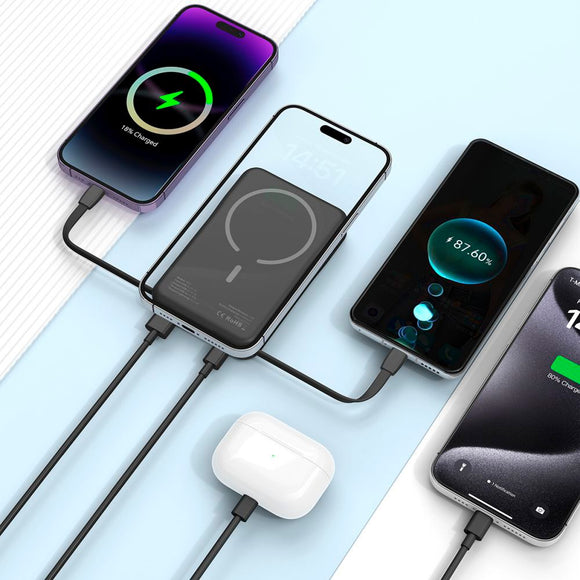 Tech-Protect LifeMag PowerBank 10.000mAh m. Integreret USB-C- og Lightning Kabel & USB-A- og USB-C Stik - MagSafe Kompatibel - Sort