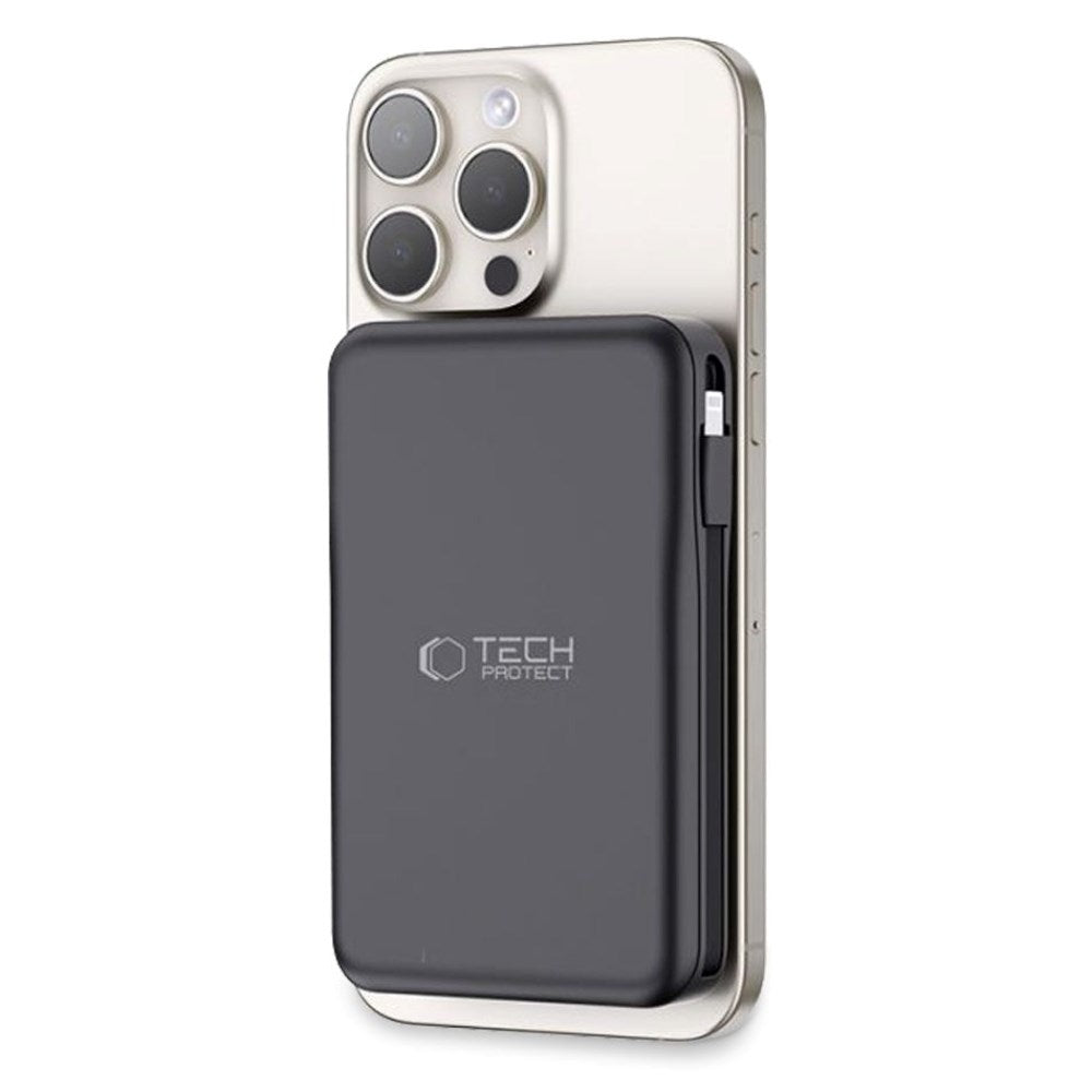 Tech-Protect LifeMag PowerBank 10.000mAh m. Integreret USB-C- og Lightning Kabel & USB-A- og USB-C Stik - MagSafe Kompatibel - Sort