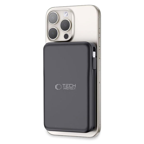 Tech-Protect LifeMag PowerBank 10.000mAh m. Integreret USB-C- og Lightning Kabel & USB-A- og USB-C Stik - MagSafe Kompatibel - Sort
