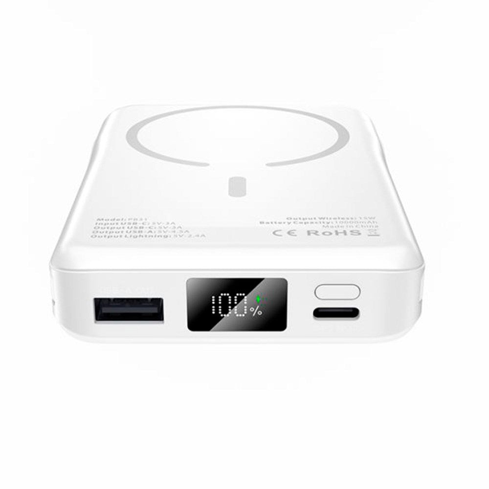 Tech-Protect LifeMag PowerBank 10.000mAh m. Integreret USB-C- og Lightning Kabel & USB-A- og USB-C Stik - MagSafe Kompatibel - Hvid