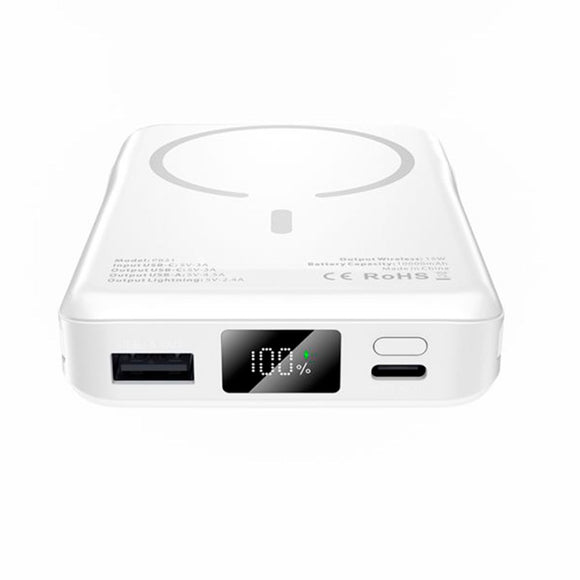 Tech-Protect LifeMag PowerBank 10.000mAh m. Integreret USB-C- og Lightning Kabel & USB-A- og USB-C Stik - MagSafe Kompatibel - Hvid
