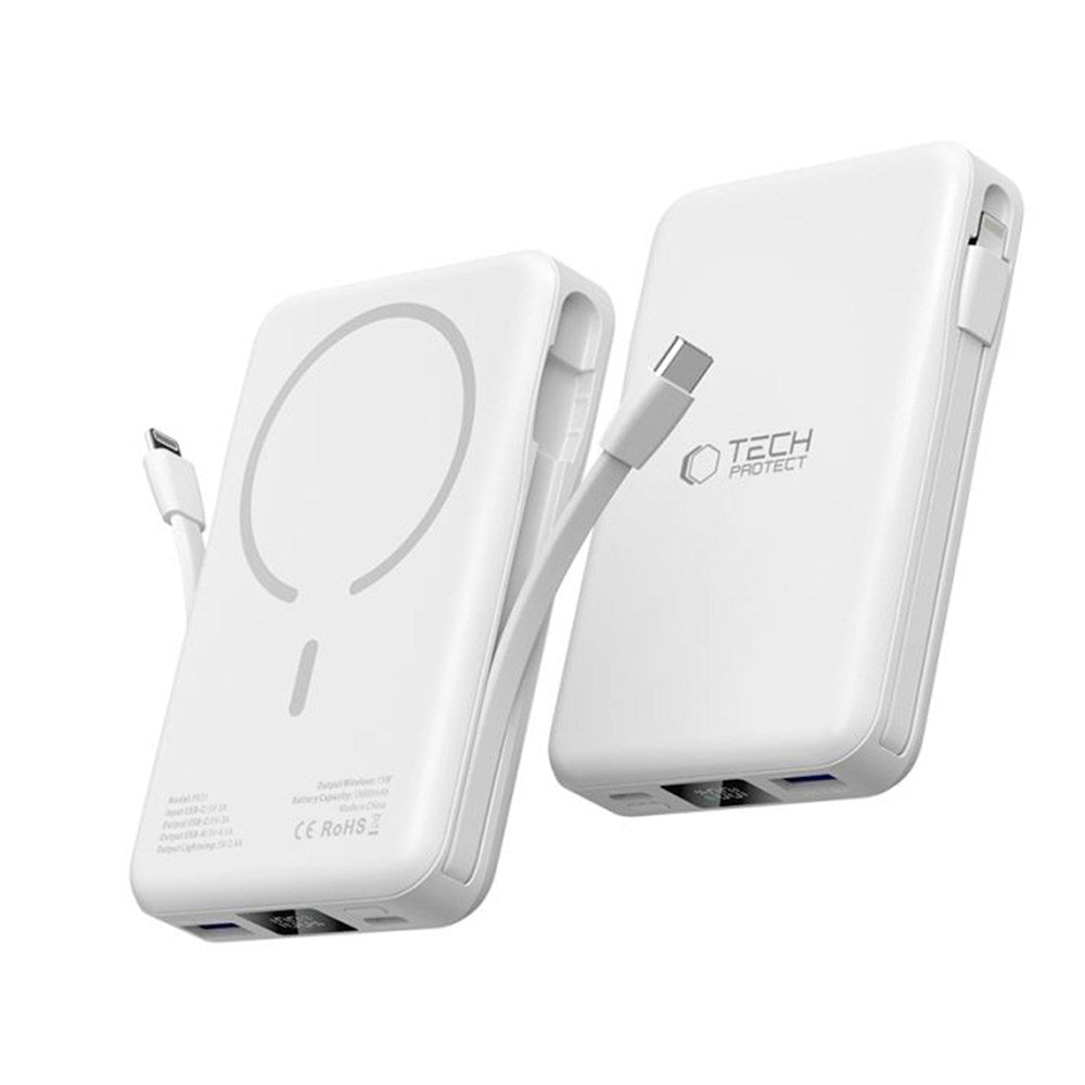 Tech-Protect LifeMag PowerBank 10.000mAh m. Integreret USB-C- og Lightning Kabel & USB-A- og USB-C Stik - MagSafe Kompatibel - Hvid