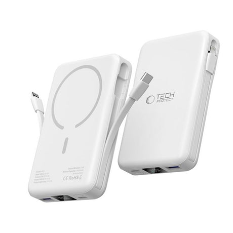 Tech-Protect LifeMag PowerBank 10.000mAh m. Integreret USB-C- og Lightning Kabel & USB-A- og USB-C Stik - MagSafe Kompatibel - Hvid