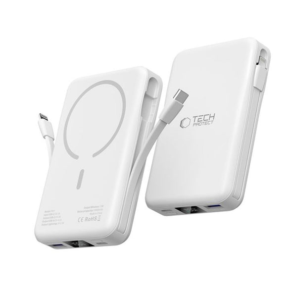 Tech-Protect LifeMag PowerBank 10.000mAh m. Integreret USB-C- og Lightning Kabel & USB-A- og USB-C Stik - MagSafe Kompatibel - Hvid