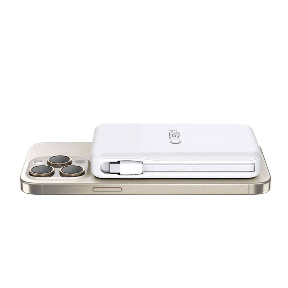 Tech-Protect LifeMag PowerBank 10.000mAh m. Integreret USB-C- og Lightning Kabel & USB-A- og USB-C Stik - MagSafe Kompatibel - Hvid