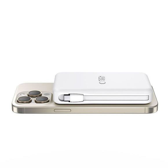 Tech-Protect LifeMag PowerBank 10.000mAh m. Integreret USB-C- og Lightning Kabel & USB-A- og USB-C Stik - MagSafe Kompatibel - Hvid