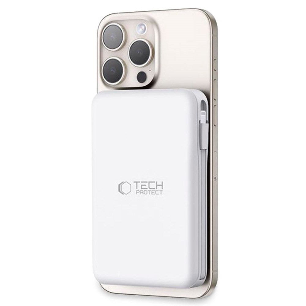 Tech-Protect LifeMag PowerBank 10.000mAh m. Integreret USB-C- og Lightning Kabel & USB-A- og USB-C Stik - MagSafe Kompatibel - Hvid